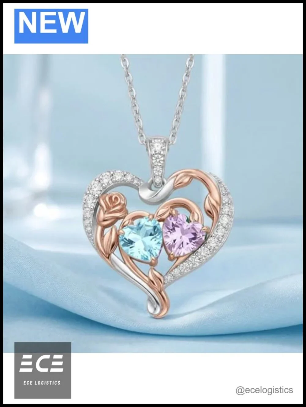 Rose Birthstone Necklace Heart Pendant Adjustable Chain Gift for Women
